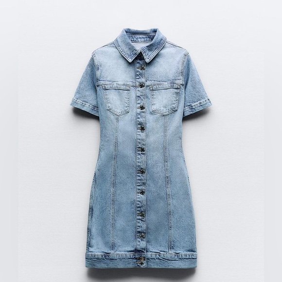 Zara Dress mini denim jeans button up collar casual short sleeve - Picture 6 of 8
